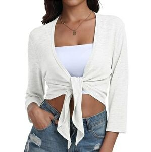 Tie Front Shrug 3/4 Sleeve Bolero Cardigan Casual Top White